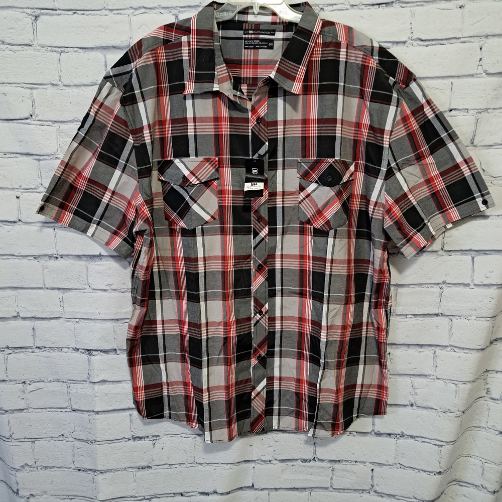 9K Clothing Co Men's Button Down Shirt short sleeve Red White 5XL